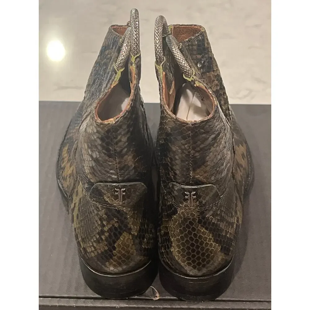 NWT Frye Women’s Snake Print Melissa Pull On Ring Short Ankle Boots Size 6 Olive